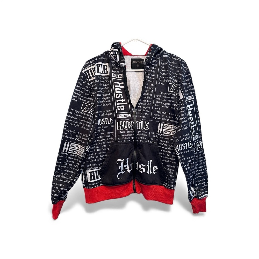 Encrypted “Hustle” Black and Red Men's Zip-Up Sweater Medium